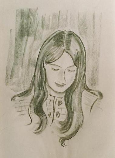 Nachdenkendes Mädchen Zeichnung (Kohle) von Richard Wannenmacher 1968 30x40cm Nr.47