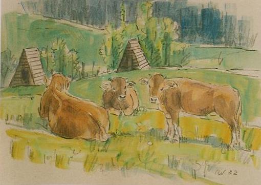 Rinder auf dem Sitzberg Aquarell von Richard Wannenmacher 1982 25x18cm Nr.128