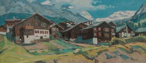 Leukerbad, alter Dorfteil Ölbild von Richard Wannenmacher 1973 80x36cm Nr.864