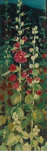 Malven rot Ölbild von Richard Wannenmacher 1979 22x65cm Nr.348