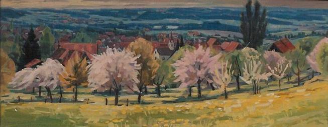 Frühling in Nussbaumen Ölbild von Richard Wannenmacher 1978 100x40cm Nr.686