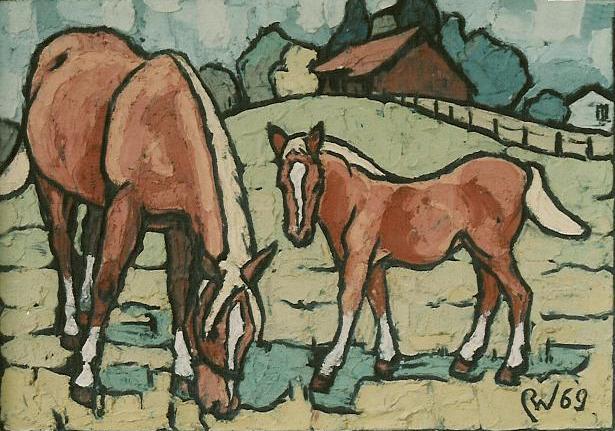 Pferd mit Fohlen Zementbild von Richard Wannenmacher 1969 74x54cm Nr.1082