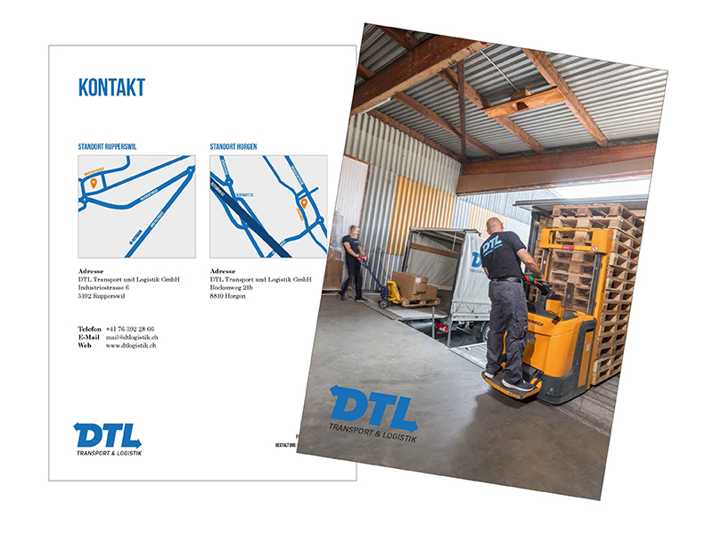 Titelseite und Rückseite der Firmenbroschüre von DTL Transport und Logistik