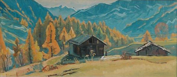 Herbst im Leukerbad Ölbild von Richard Wannenmacher 1972 80x35cm Nr.863