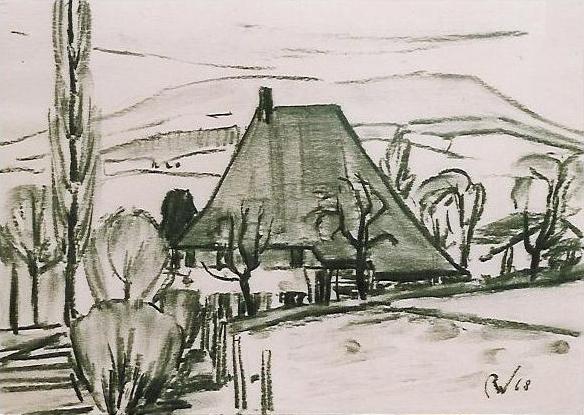 Aargauerhaus Zeichnung (Kohle) von Richard Wannenmacher 1968 40x26cm Nr.40
