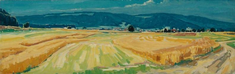 Felder mit Heitersberg Ölbild von Richard Wannenmacher 1972 100x31cm Nr.1364