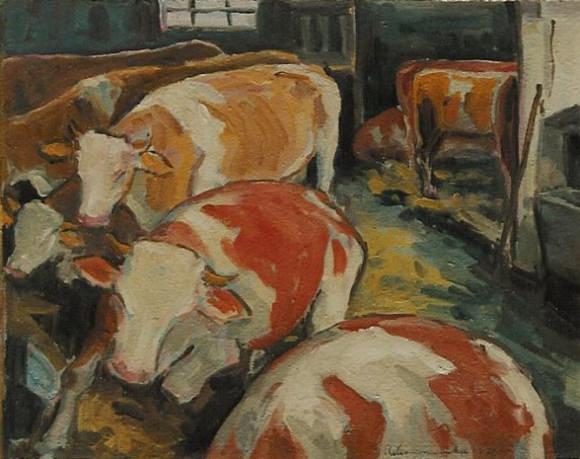 Fleckrinder im Stall Ölbild von Richard Wannenmacher 1972 30x23cm Nr.1373
