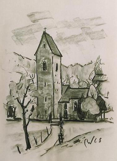 Kirche Magdenau Zeichnung (Kohle) von Richard Wannenmacher 1968 50x35cm Nr.45