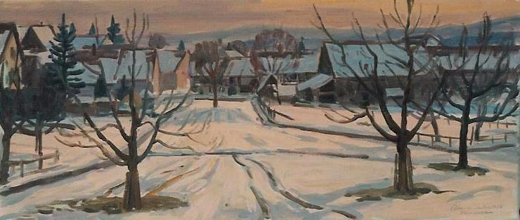 Winter in Märstetten Ölbild von Richard Wannenmacher 1983 70x30cm Nr.634