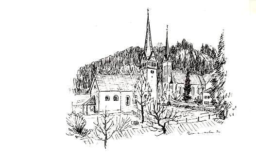 Kirchen von Dussnang Kunstkarte nach einer Zeichnung von Richard Wannenmacher