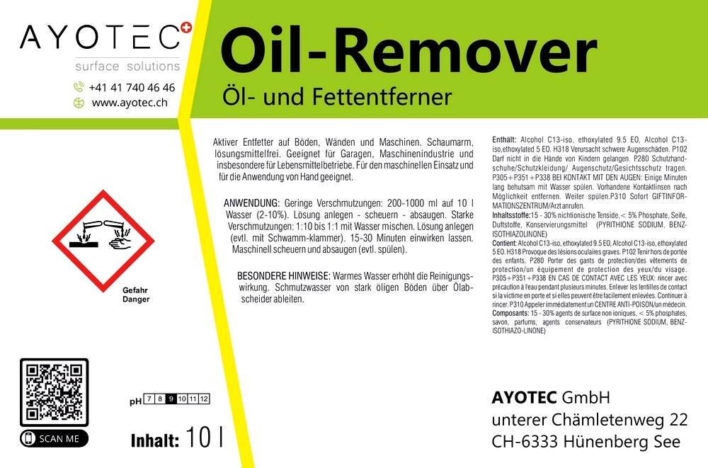 Oil-Remover | Der konzentrierte, schaumarme sowie lösungsmittelfreie Reiniger für die Entfettung von Böden und Wänden, etc.