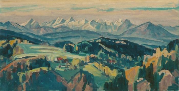 Blick von Sitzberg auf die Berner Alpen Ölbild von Richard Wannenmacher 1972 70x36cm Nr.1349