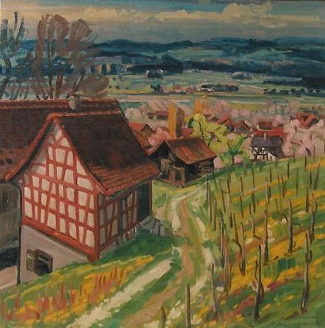 Frühling im Thurtal, Boltshausen Ölbild von Richard Wannenmacher 1990 50x50cm Nr.485