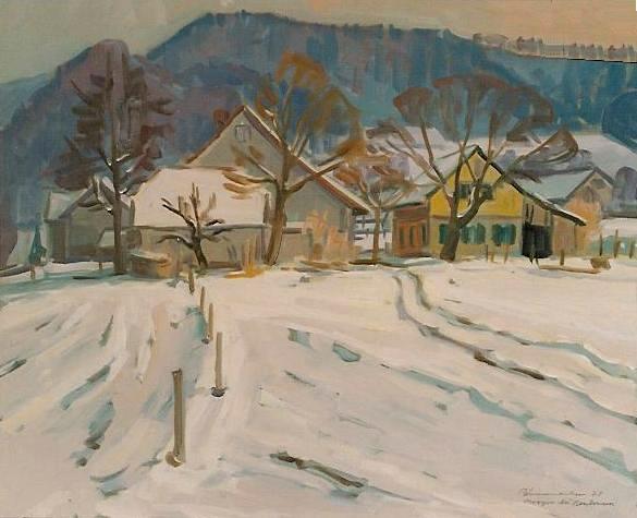 Winter in Niederneunforn Ölbild von Richard Wannenmacher 1981 48x34cm Nr.807