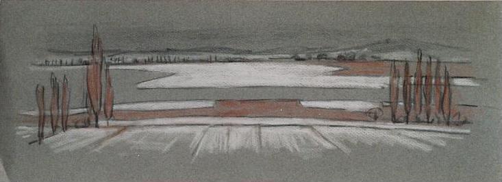 Winter am Untersee Zeichnung (Kreide) von Richard Wannenmacher 1971 50x18cm Nr.33