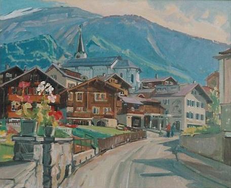 Leukerbad Dorfzentrum Ölbild von Richard Wannenmacher 1973 73x60cm Nr.862