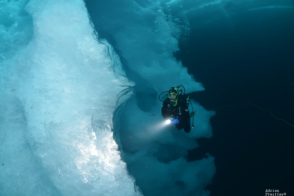 Mit Leinen gesicherter Tauchgang am Eisloch vor dem eingefrorenen Eisberg (Tasiilaq)