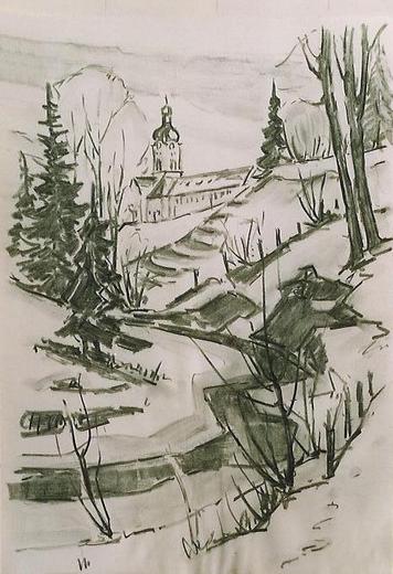Fischingen mit Kloster Zeichnung (Kohle) von Richard Wannenmacher 1968 35x50cm Nr.46