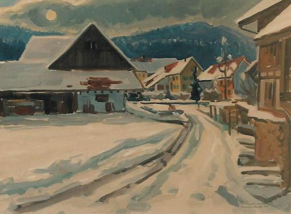 Winter in Neuenhof Ölbild von Richard Wannenmacher 1977 40x35cm Nr.616