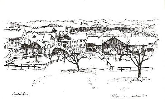 Eschlikon alter Dorfteil Kunstkarte nach einer Zeichnung von Richard Wannenmacher