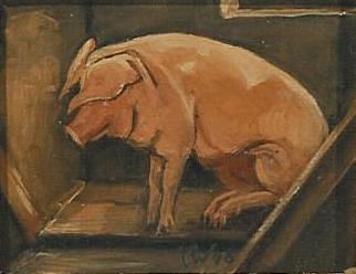 Im Schweinestall Ölbild von Richard Wannenmacher 1945 16x12cm Nr.826