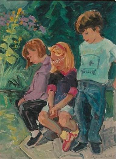 Am Teich, drei Kinder Ölbild von Richard Wannenmacher 1992 23x31cm Nr.627