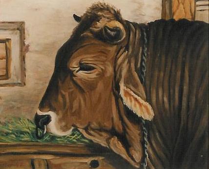 Muni im Stall Ölbild von Richard Wannenmacher 1947 47x38cm Nr.791