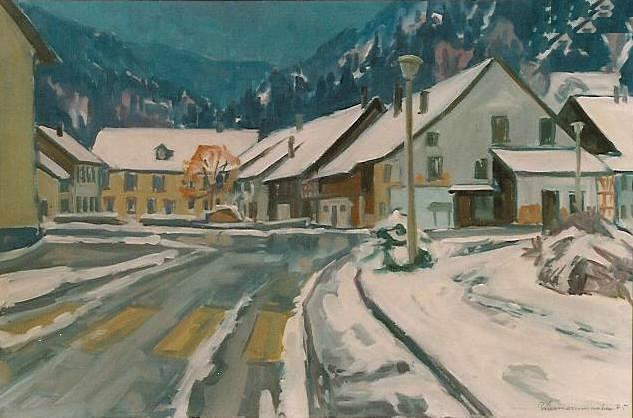 Winter in Märstetten Ölbild von Richard Wannenmacher 1983 70x30cm Nr.634