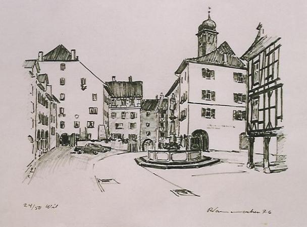 Altstadt Wil (Druck) Zeichnung von Richard Wannenmacher 1976 30x25cm Nr.32