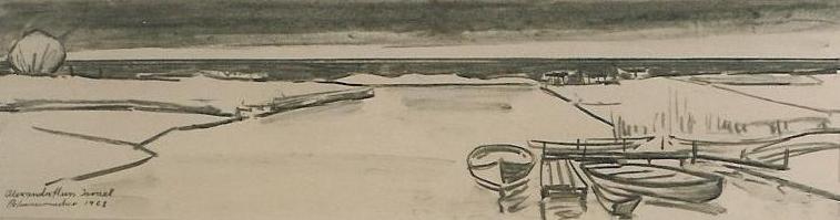 Alexanderfluss Zeichnung (Kohle) von Richard Wannenmacher 1968 70x18cm Nr.50