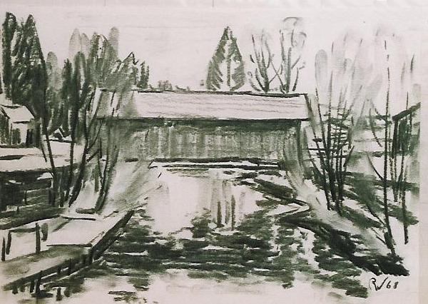 Brücke am Necker Zeichnung (Kohle) von Richard Wannenmacher 1968 38x29cm Nr.37