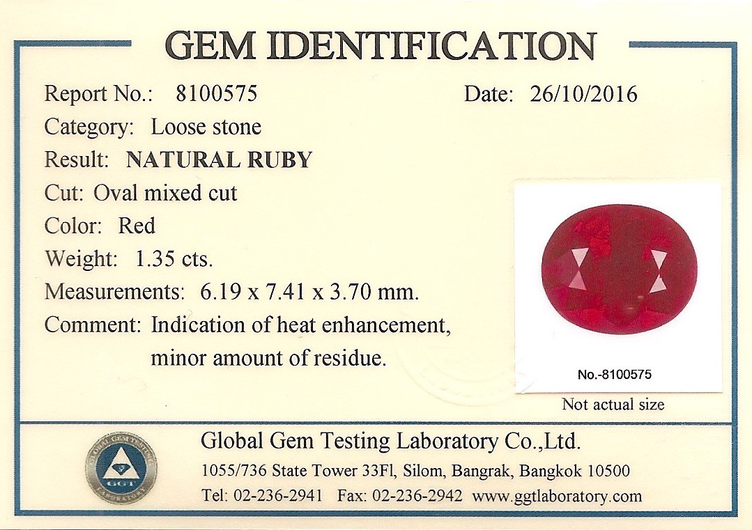 Natural Ruby 1.35 ct. with Gem Identification Report