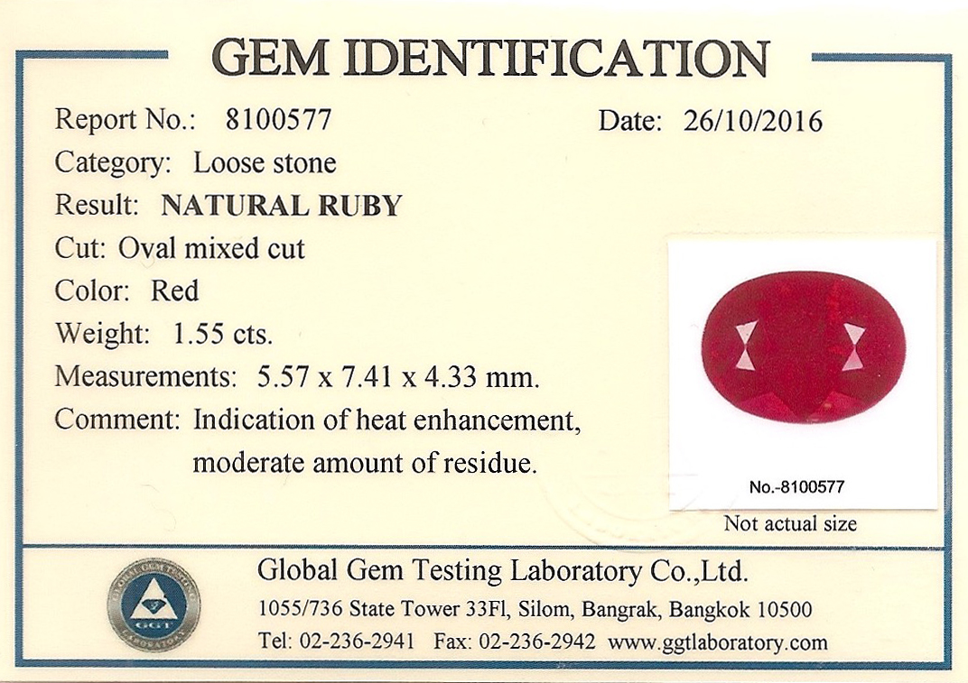 Natural Ruby 1.55 ct. with certification