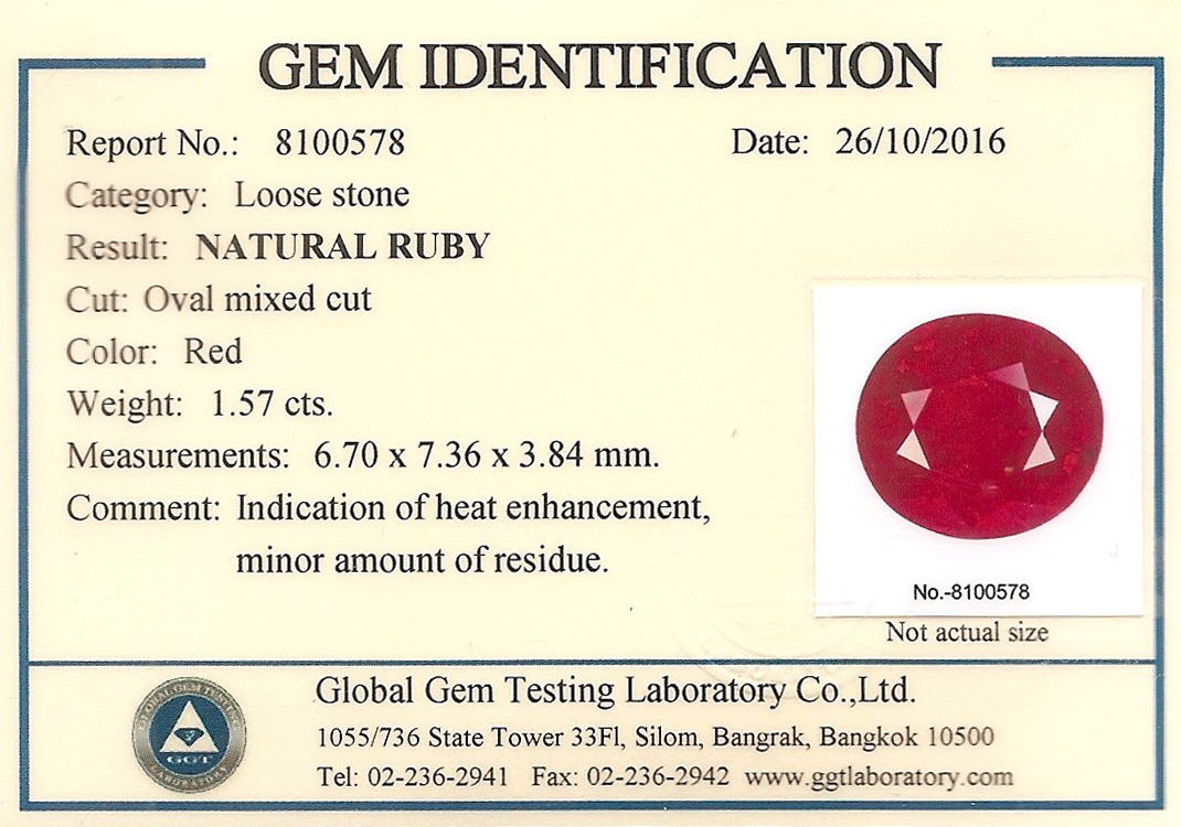 Natural Ruby 1.57 ct. with certification
