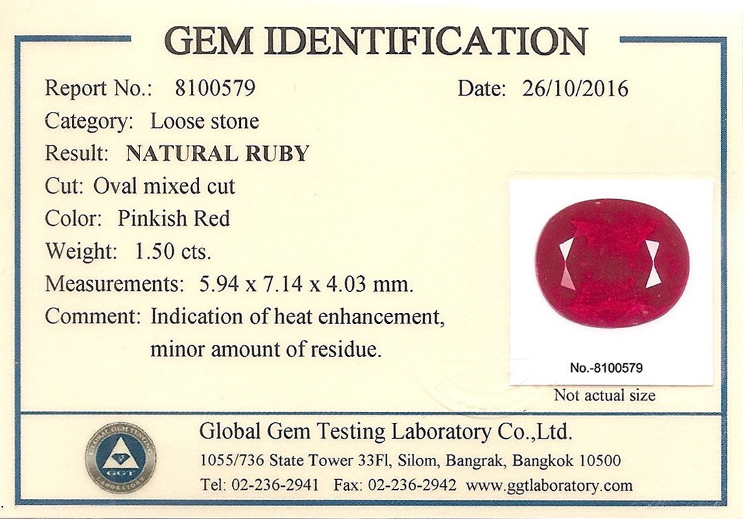 Natural Ruby 1.50 ct. with certification