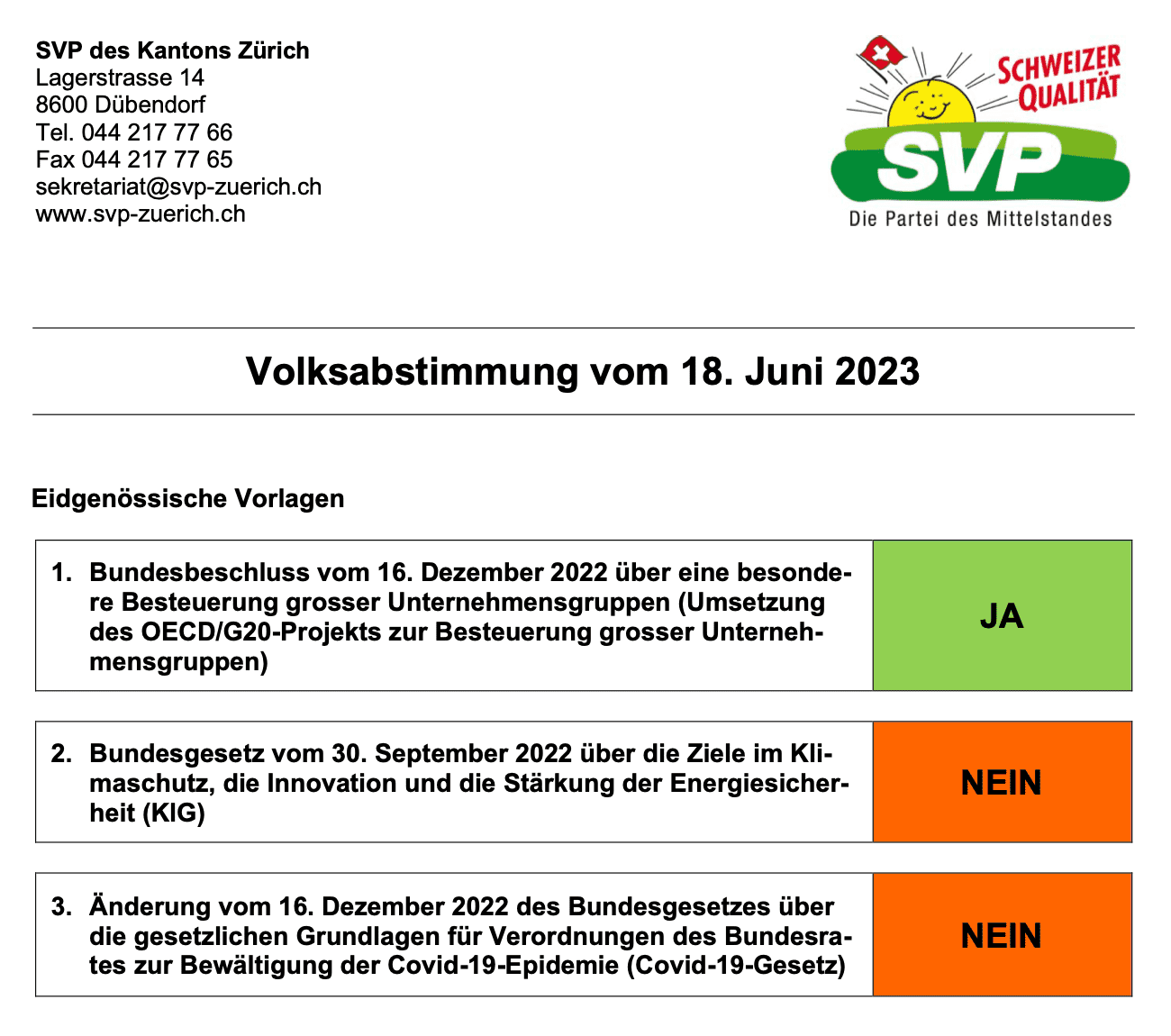 Parolen der SVP des Kantons Zürich