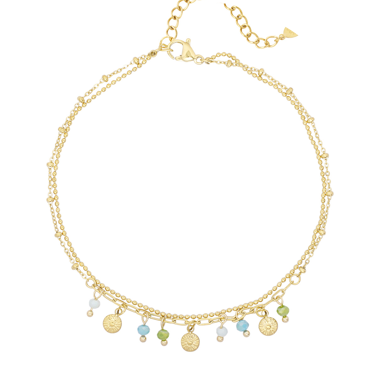 Edelstahl - Armband mit Münzen und Perlen - blau-grün/gold
