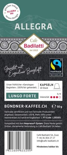 Badilatti Cafè, ALLEGRA Fair Trade, Nespresso®-kompatible Kapseln