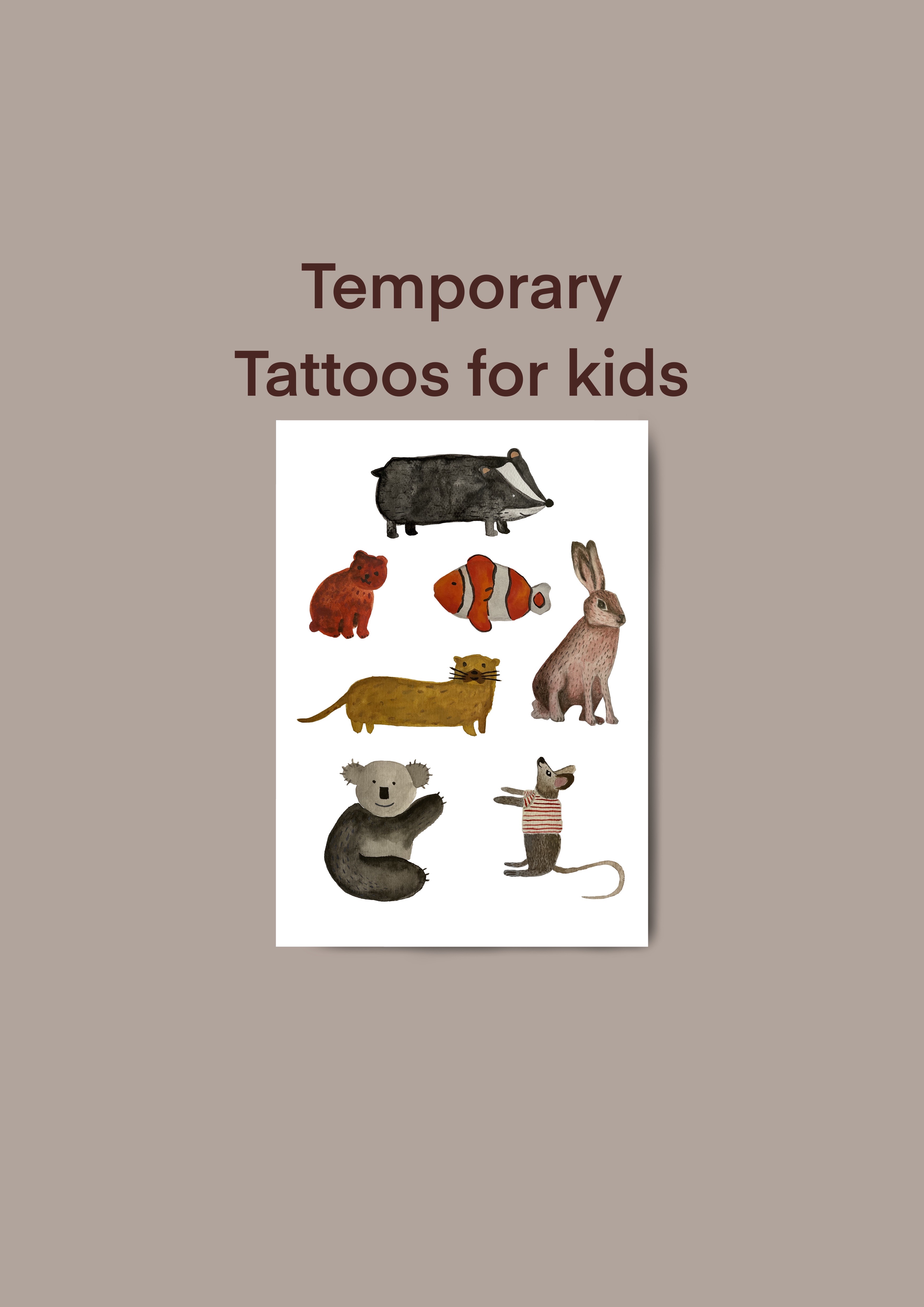 Temporäre Tattoos Set für Kinder, 7 Aquarell Tiere