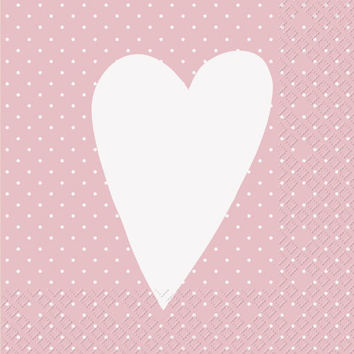 Serviette -  rosa - Herz weiss mit weissen Punkten