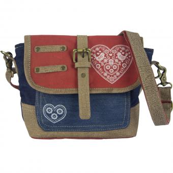 Domelo Messenger Umhängetasche. Trachtentasche aus recycelter Jeans & Canvas mit Herz-Motiv 53111