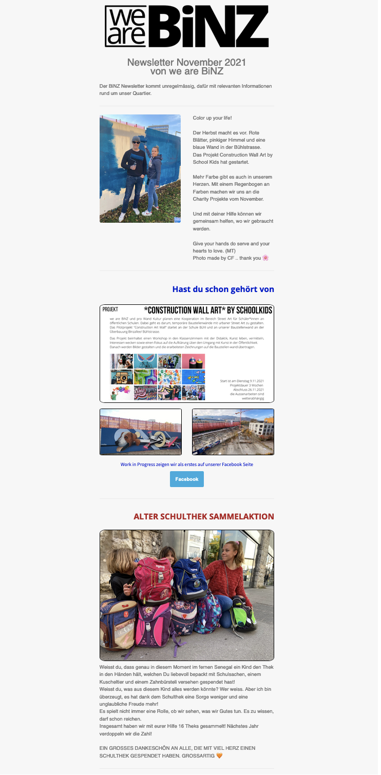 Newsletter November 2021/Color up your life und Charity; Construction Wall Art Vorstellung, Alter Schulthek Aufruf, Weihnachtspäckli Rumänien Aufruf, MadameFrigo Aufruf