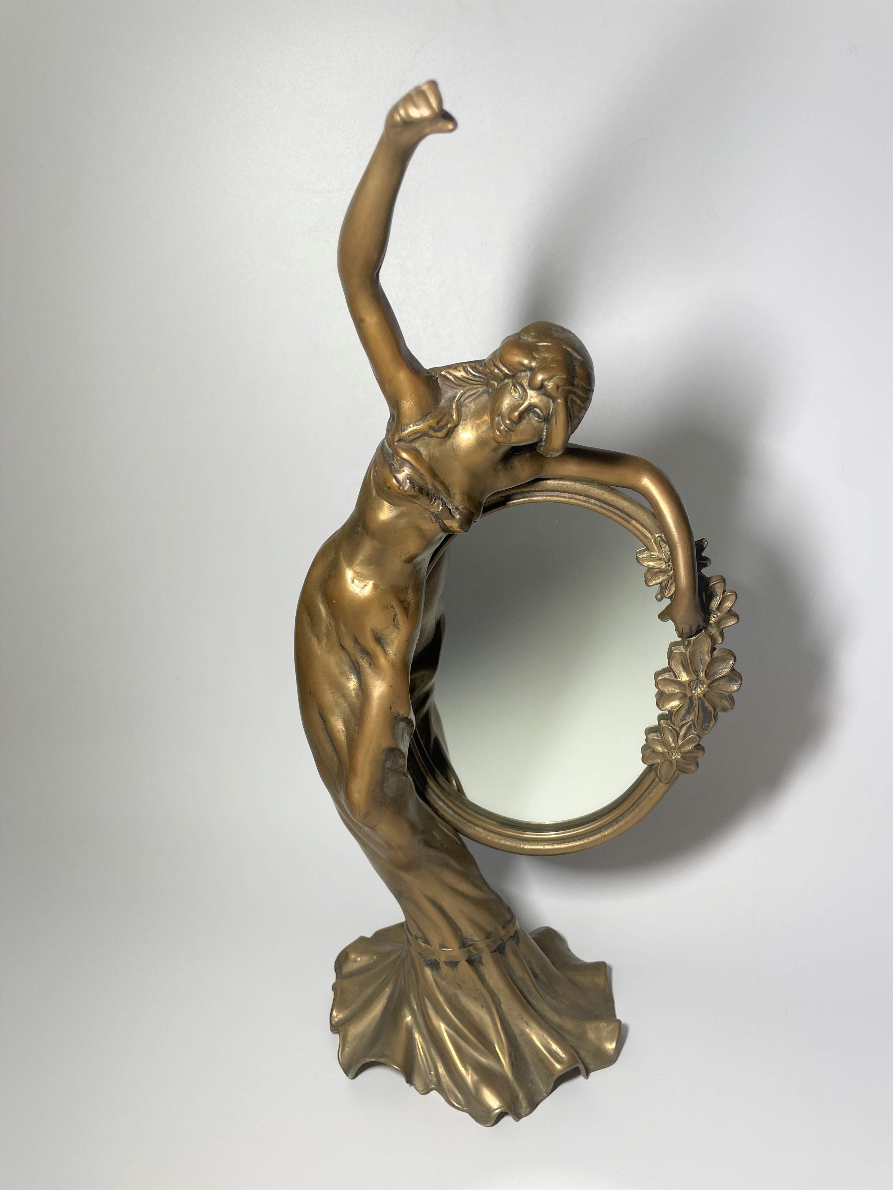 Wunderschöner Bronzespiegel mit Frauenmotiv, Jugendstil