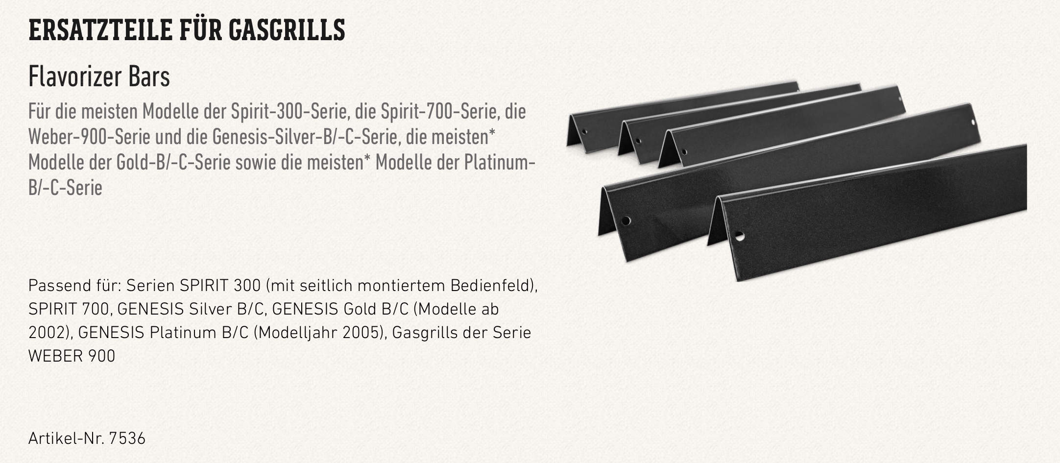Weber Flavorizer Bars Spirit 300-Serie (bis 2012), Genesis B, emailliert (5er Set)