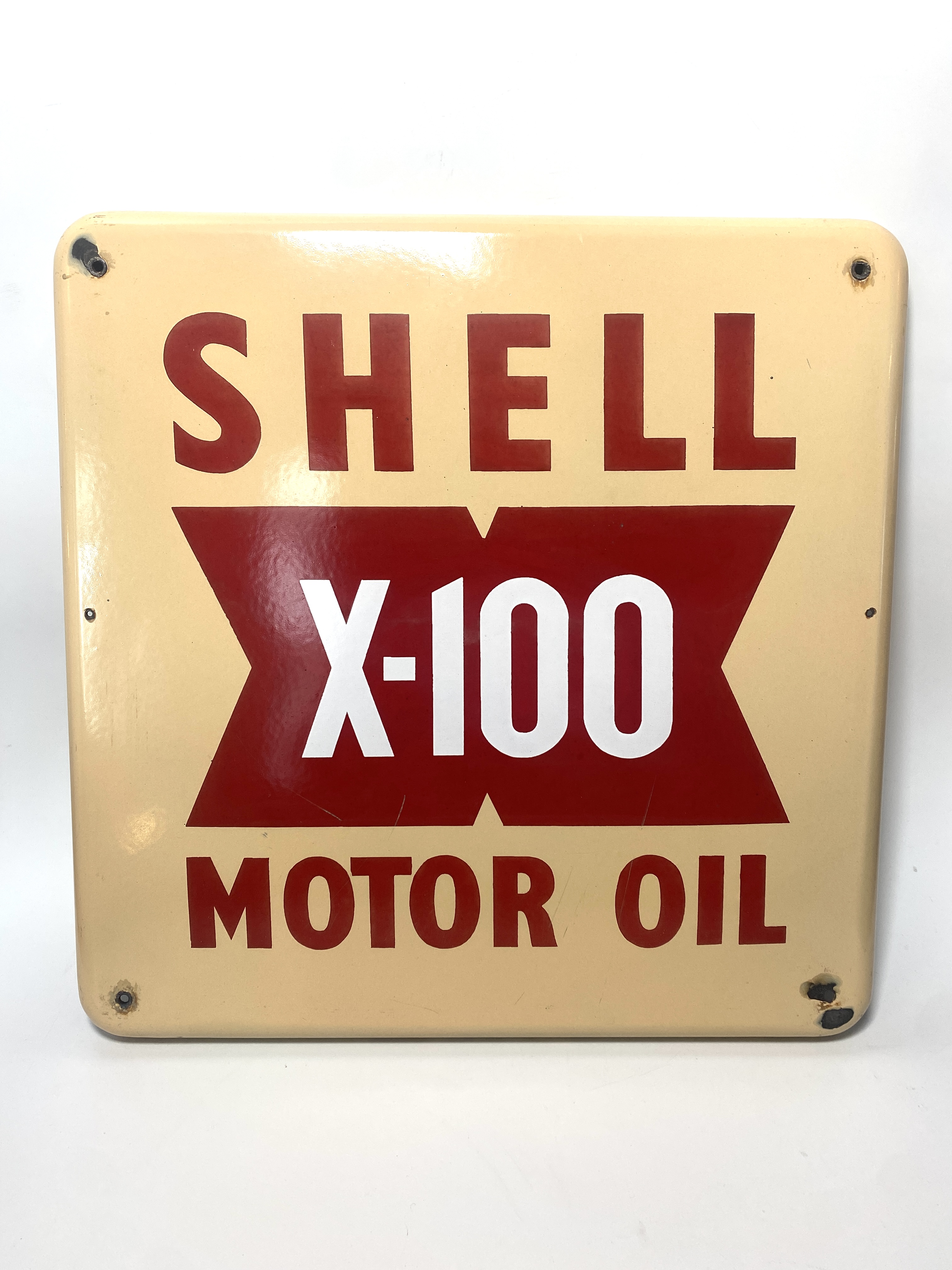 Shell X-100 Emailschild von 1954