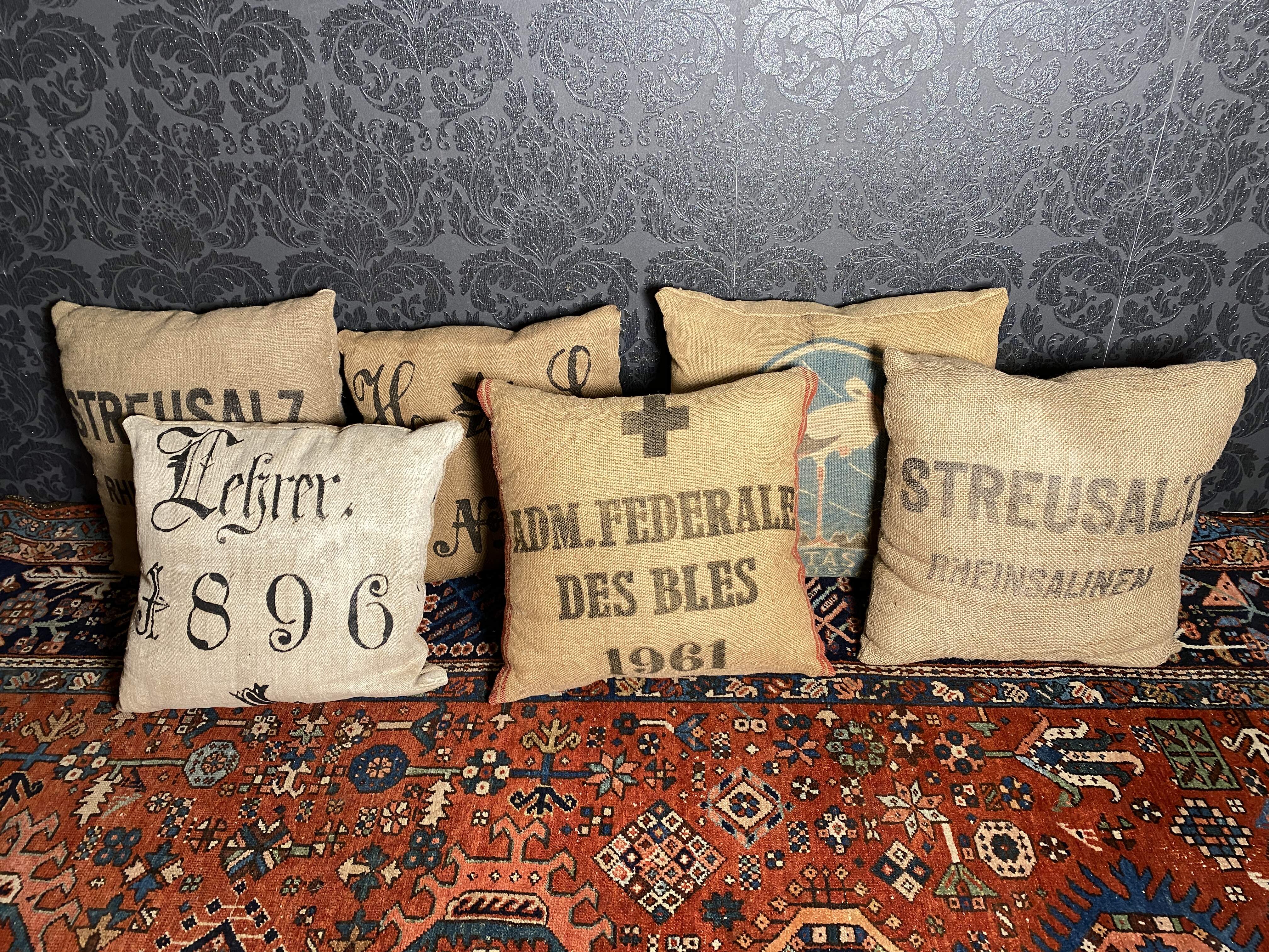 Handgefertigte Kissen aus Jutesäcken "Streusalz, Potasse"
