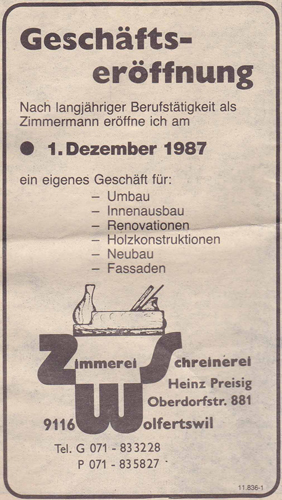 Zeitungsartikel im Wiler Volksfreund aus dem Jahre 1987 zur Firmengründung.