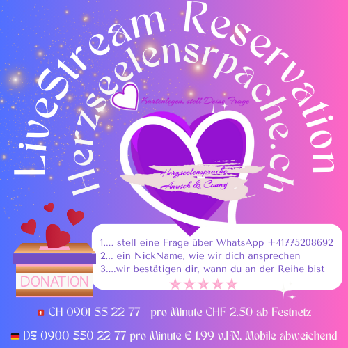 Wir legen auf Spendenbasis die Karten im liveStream Anusch und Conny herzseelensprache.ch legen seit über 30 Jahren die Karten... stell eine Frage und reserviere über WhatsApp +41775208692