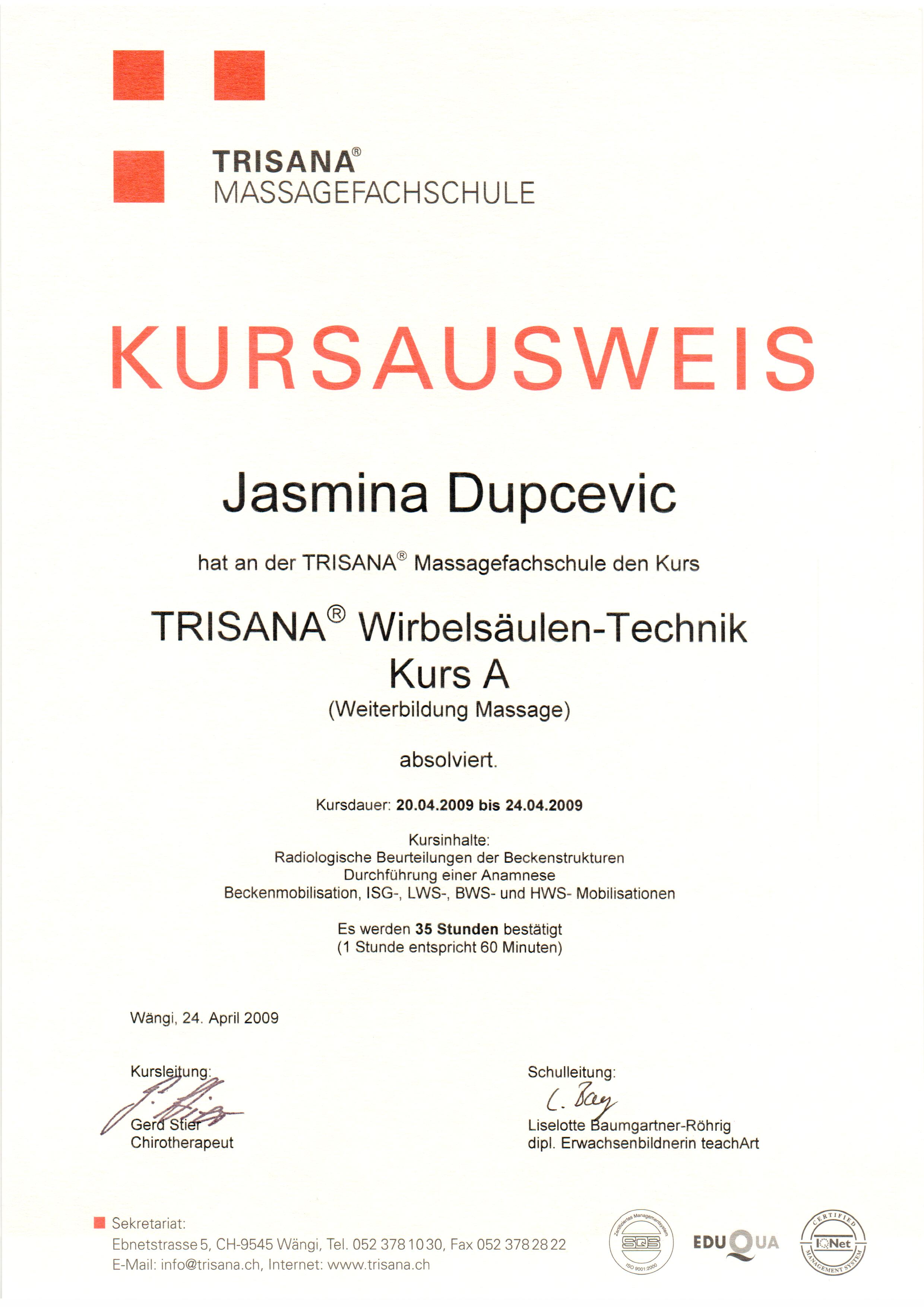 TRISANA© Wirbelsäulen-Technik Kurs A