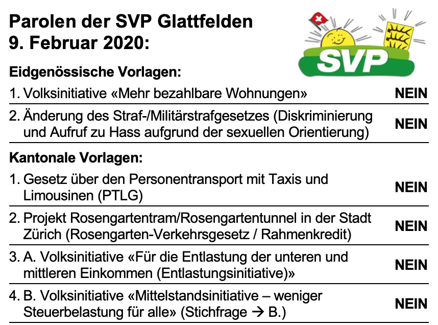Parolen der SVP Glattfelden - 9. Februar 2020